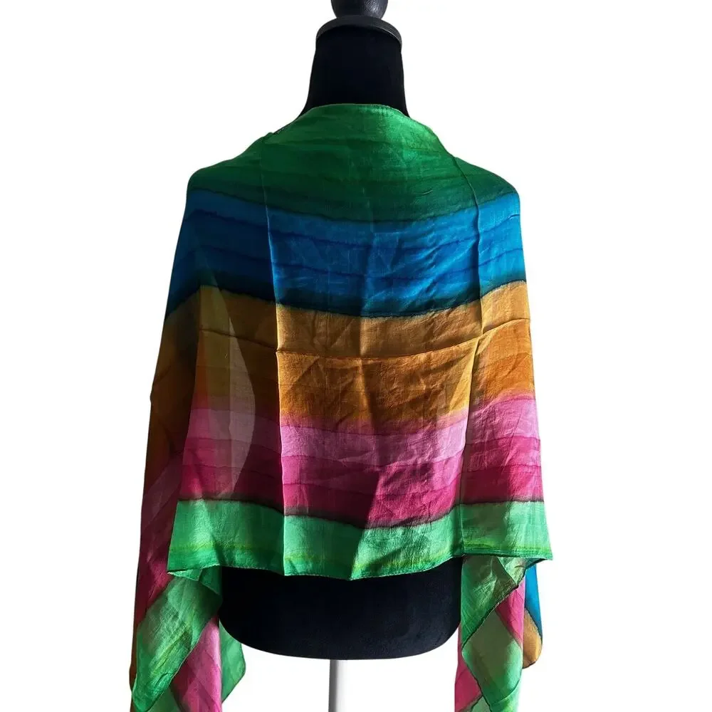 Colorful Silk Scarf Wrap Rainbow Striped Shawl Rectangular Lightweight Womens OS
